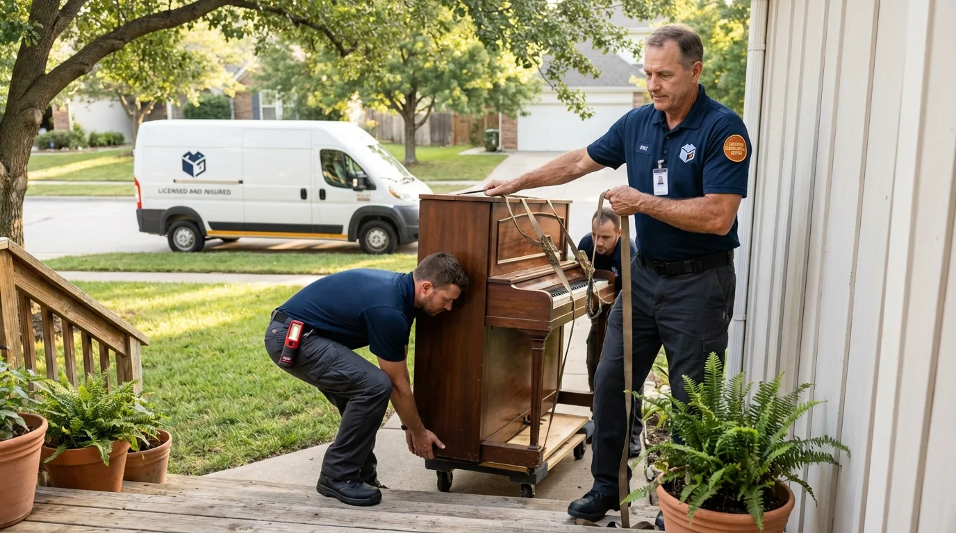 Licensed piano movers securing grand piano in Red Hook, NY