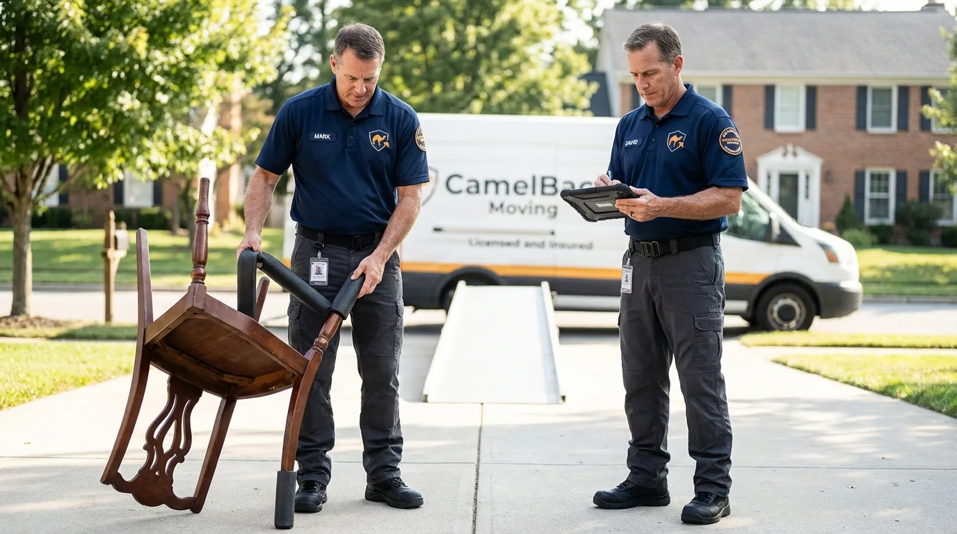 Movers inspecting furniture for damage prevention before loading in Red Hook, NY